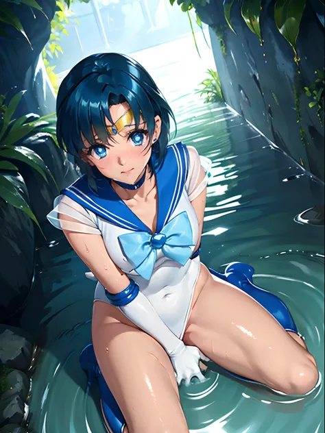 Sailor Mercury　Full limbs　complete fingers　Transformation heroine of justice　Enameled White Leotard　Enamel Blue Boots　Wrinkled boots　Enamel White Gloves　Enamel Blue Mini Skirt　Neat and clean image　Enamel Blue Choker　Gold decoration　Costumes with fancy deco...