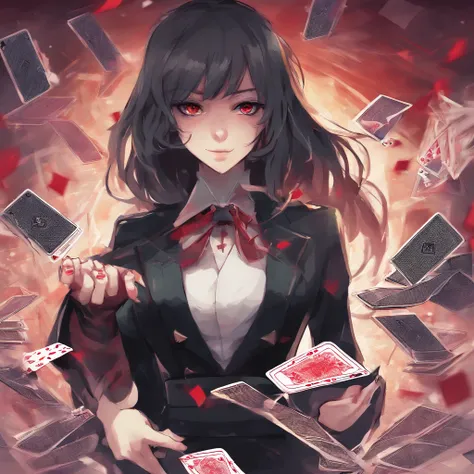 anime teenage girl gambler with red eyes her hands are not visible but cards float around her. She wears phantom theif style clothing such as fancy trenchcoat, she has messy shoulder length hair