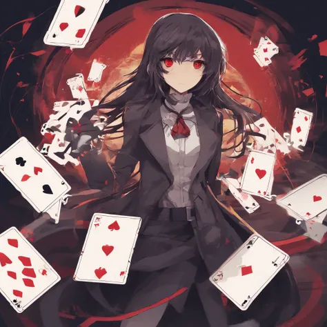 anime teenage girl gambler with red eyes her hands are not visible but cards float around her. She wears phantom theif style clothing such as fancy trenchcoat, she has messy shoulder length hair