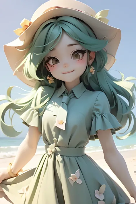 lolli girl in princess long dark green emerald dress with flower style, dark green hair, cute smile , cap, cute ribbons, necktie, beach summer