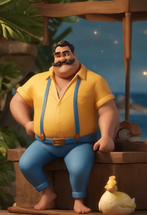 qualidade de imagem do filme，bigode, style of disney animation，Disney animated films，A fat uncle swims in the sea with a koi in his arms，cabelo curto e detalhado，Denim suspenders，Bare feet，profundidade de campos，Luz alta，luz real，Traching de raias，oc rende...