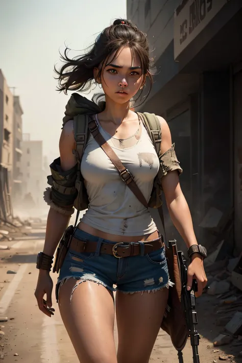 "Capture the resilience and beauty of a young woman who has defied the odds, surviving the first year after the apocalypse. In this post-apocalyptic world, she stands tall amidst the ruins of a once-thriving city. Her shorts and top are tattered and almost...