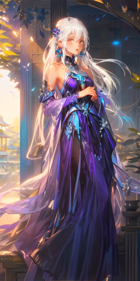 1girl, solo, white hair, Purple dress, hair ornament, long hair, jewelry, blue dress, bare shoulders, earrings, detached sleeves ,an ancient Chinese architecture temple in the background