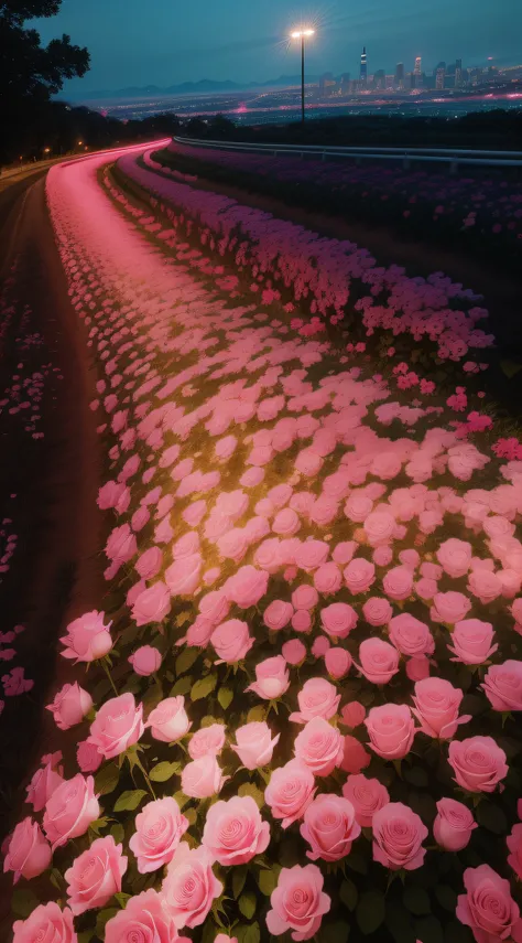 There are a lot of pink roses in the fields with the city as the background, rose pink lighting, rosses, Glowing flowers, rosette, roses in cinematic light, Red neon rose, Beautiful and aesthetic, beautiful light up, Beautiful flowers, laying on roses, Lum...