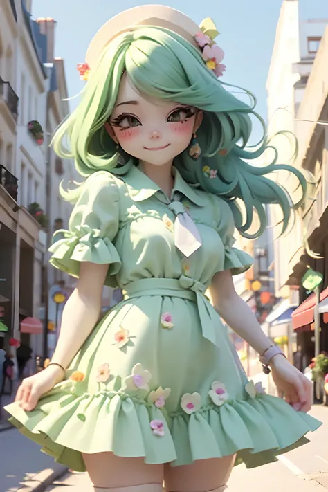 lolli girl in princess long lime green dress with flower style, green lime hair. cute smile , cap, cute ribbons, necktie, paris city street with nice view background