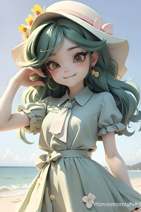 lolli girl in princess long dark green emerald dress with flower style, dark green hair, cute smile , cap, cute ribbons, necktie, beach summer