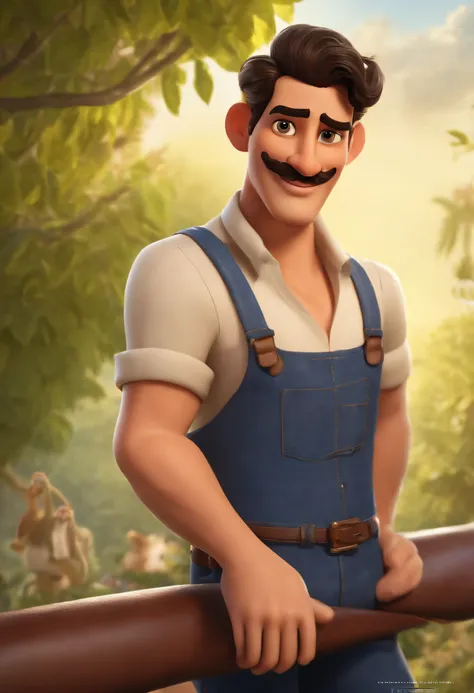 qualidade de imagem do filme，bigode, style of disney animation，Disney Animated Movies Short and Detailed Hair，Denim suspenders，Bare feet，profundidade de campos，Luz alta，luz real，Traching de raias，oc renderizado，hyper-realistic，melhor qualidade，8k，Obras de ...