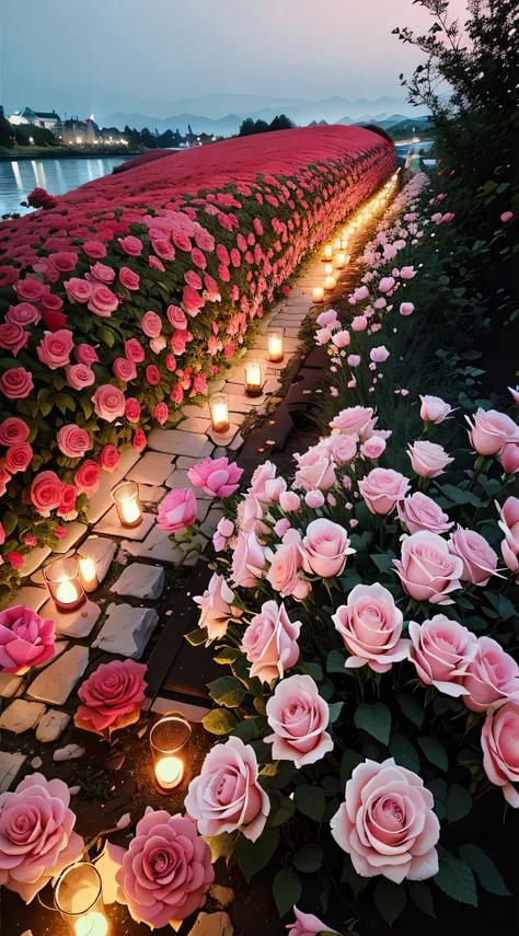 Flowers and candles are lit in the garden by the water, rose pink lighting, rosses, rosette, roses in cinematic light, lights with bloom, Beautiful and aesthetic, shades of pink, more and more flowers, Glowing flowers, Rose garden, laying on roses, an aest...