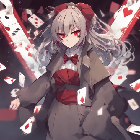 anime teenage girl gambler with red eyes, her hands are behind her back, cards float around her. She wears phantom theif style clothing such as fancy trenchcoat, she has messy shoulder length hair