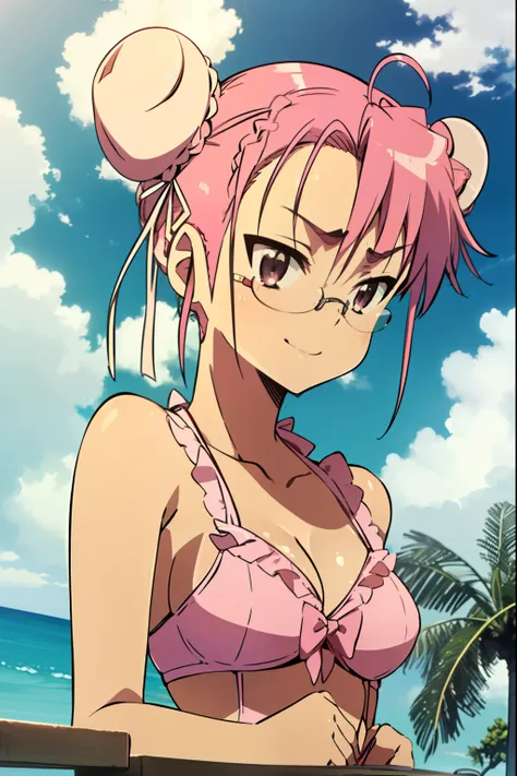 saya_takagi, solo, 1girl, breasts, bikini, swimsuit, cleavage, day, smile, cloud, sky, pink_bikini, ((frilled_bikini)), blue_sky, outdoors, looking_at_viewer, bare_shoulders, collarbone, shiny_skin, thighs, glasses, (((((hair bun, double bun, bun cover 1.7...