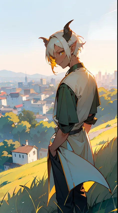 1boy,solo,smile,(tanned skin,medium body,male face),casual outfit,Short hair,platinum blonde hair,yellow eyes,elves ears,horns,(from the back, standing on a hill overlooking a city, grass, sunlight,)