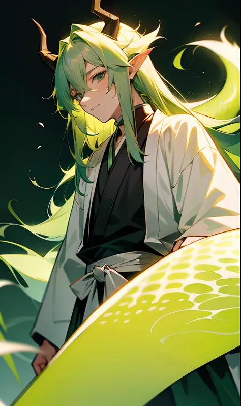 20 year old boy of medium body long green hair wearing a white haori with green dragon horns on his head and green dragon tail