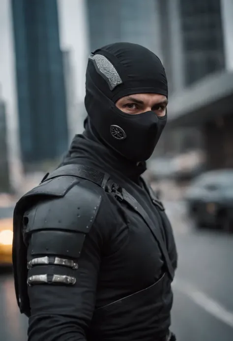 Ninja man by the name of Hélio CordeiroNair in the futuristic ninja city battle mode cyborpunk ninja strom city cyborpunk body. Completo rosto super realista 8k