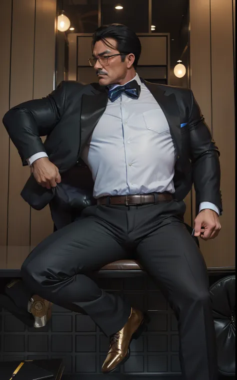 50 years old,daddy,shiny suit sit down,k hd,in the office,muscle, gay ,black hair,asia face,masculine,strong man,the boss is,han...