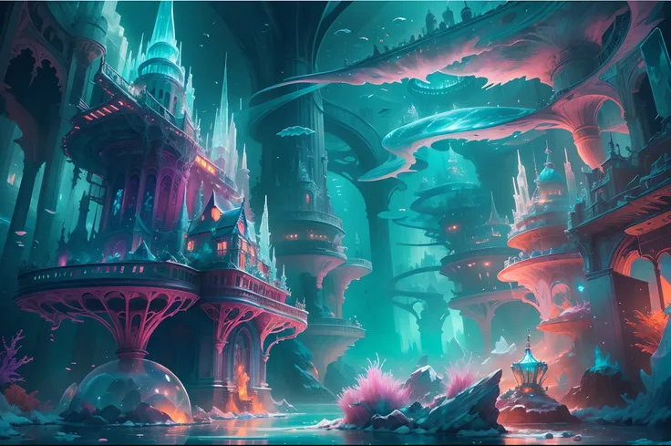 ((Need)), ((tmasterpiece)), (A detailed))，Translucent underwater ice palace，Colorful Atlantis City，Colorful underwater kingdom，Futuristic underwater city，Futuristic technology，Alien technology，Colorful magical sea creatures，Future cyberpunk，Surreal dreams，...