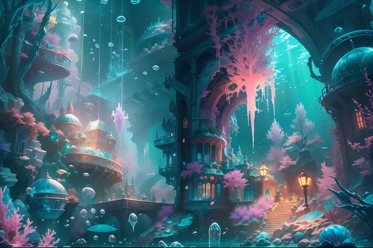 ((Need)), ((tmasterpiece)), (A detailed))，Underwater ice palace，Colorful Atlantis City，Colorful underwater kingdom，Futuristic underwater city，Futuristic technology，Alien technology，Colorful magical sea creatures，Future cyberpunk，Surreal dreams，Surrealist a...