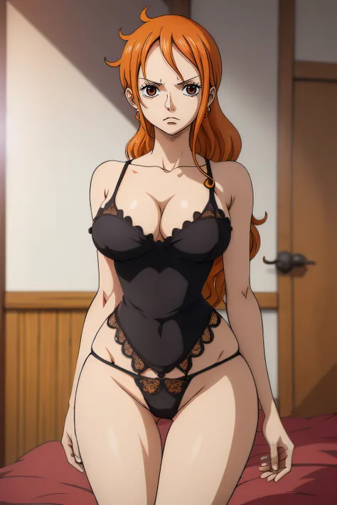 (Estilo de arte anime), Nami de One Piece, brown eyes, Pelo largo naranja, Wearing black lingerie, Ruboroso, orinar en la cama, (Estilo de arte anime), (NSFW), Vista posterior