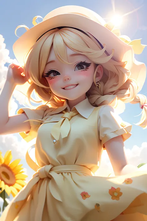 lolli girl in princess long yellow dress with sun flower style, charming face, blond hair with braid, cute smile in happyface, cap, cute ribbons, necktie, photoshot, summer sun beach