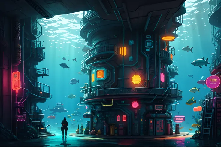 There is a large underwater futuristic wonderland，There are a lot of colorful fish inside, an underwater city, futuristic underwater metropolis, an underwater city, Underwater market, Colorful underwater creatures，deep sea cyberpunk, cyberpunk atlantis, St...