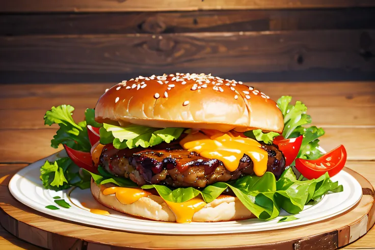 ((Masterpiece)), ((Best Quality)), A sumptuous gourmet burger with perfectly melted cheese and fresh vegetables, served on a rustic wooden table.