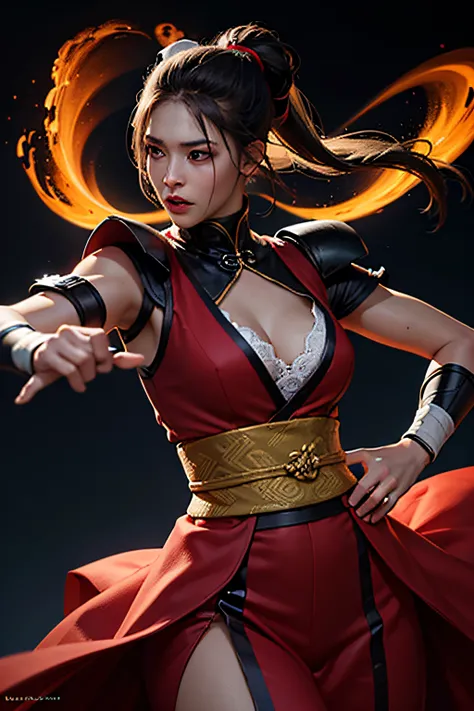 high quality fingers, normal hands, detailed fingers, masterpiece, (realistic, photo-realistic: 1.37), realistic, 1girl, long hair:1.5, black hair:1.2, red eyes:1.5, bright eyes, mortal kombat, ninja, blood, kimono, dress, mortal kombat suit, large breasts...