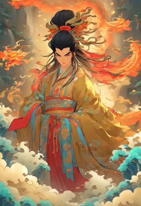 ((Chinese Man))) best quality, ultra-high resolution, 4K detailed CG, master piece,Houyi, Chinese God,Chinese Hanfu, Chinese mythology, ((Chinese God)),Chinese painting style,Shui Mo Hua, Thangka style, aesthetic, ukiyo painting, canvas-centered