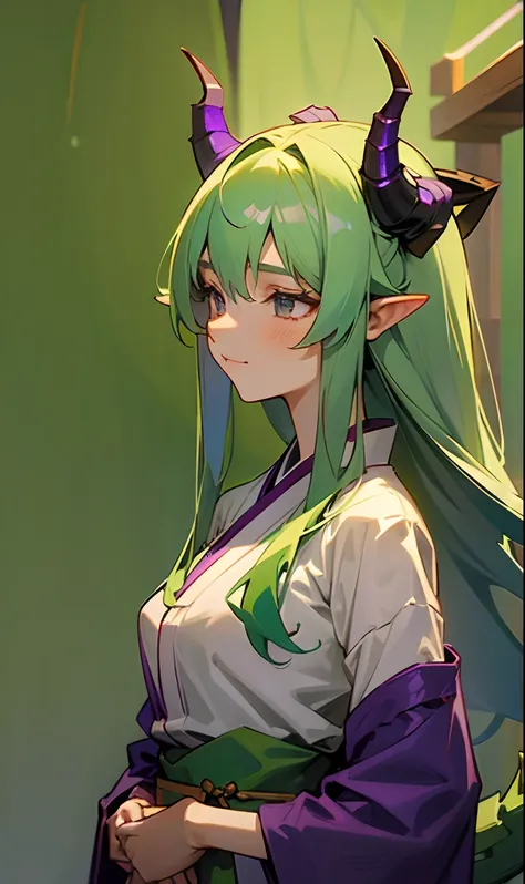 20 year old girl with medium body, long green hair, medium breast, wearing a green haori with purple dragon horns on her head an...