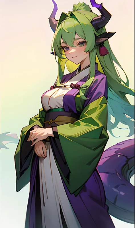 20 year old girl with medium body, long green hair, medium breast, wearing a green haori with purple dragon horns on her head and purple dragon tail