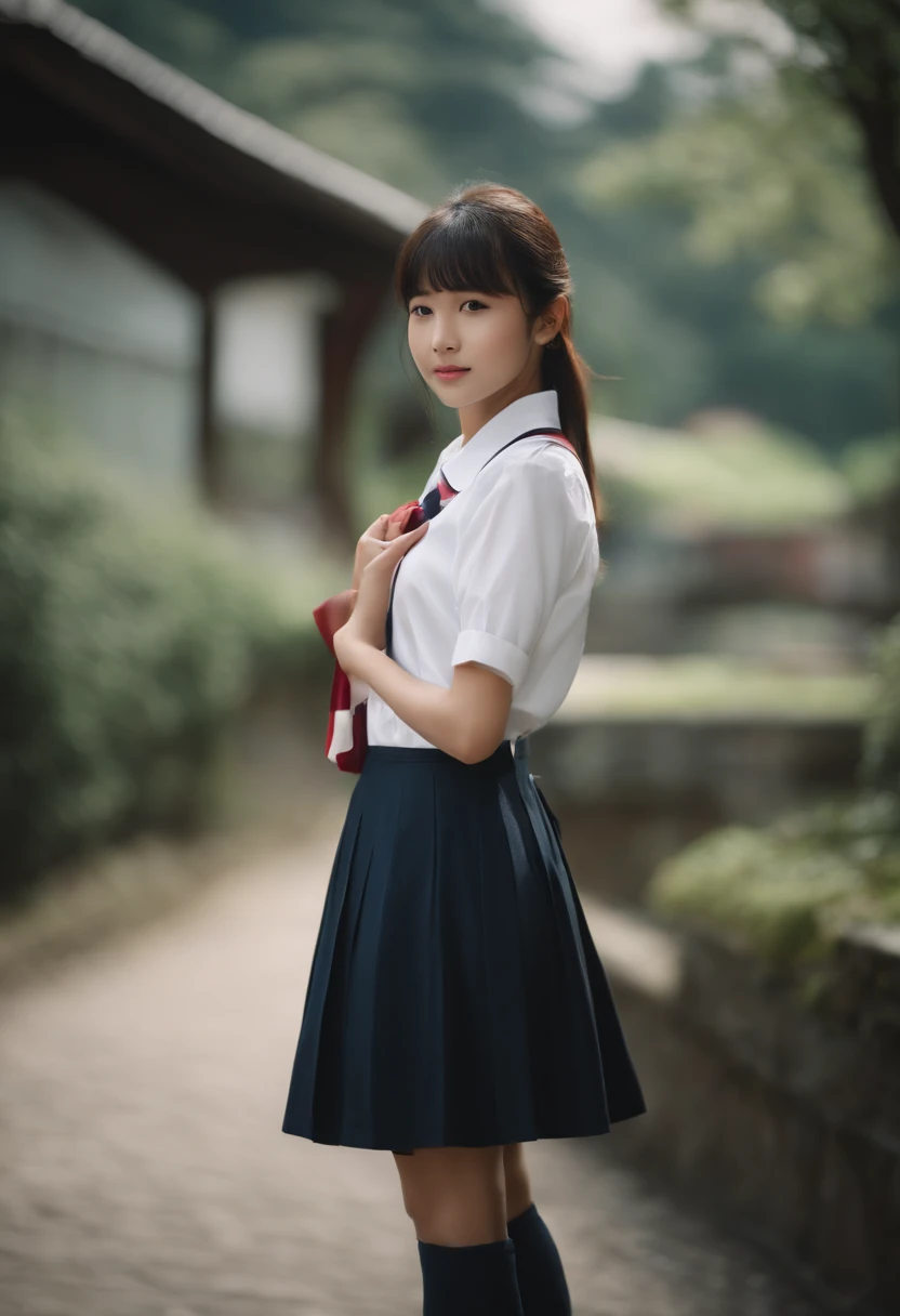 Girl in girls school uniform in white Japan，Extremely high image quality，Cinematic film texture，Photorealsitic，Nikkei background，depth of fields，Qi bangs，二重まぶた，deepening of the tail of the eyes,，Wear a bracelet on your wrist，Scarlet lips，lips are shiny and...