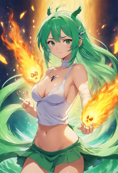 (masterpiece, best quality:1.2), 1girl, anime, character, bleach, Nelliel tu odelschwanck, odelschwanck, looking at viewer, hand over chest, green hair, skull, torn clothes, underboob, skirt, seductive expression,