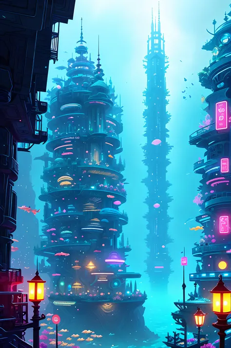 There is a big underwater futuristic wonderland，There are a lot of fish in it, an underwater city, futuristic underwater metropolis, an underwater city, Underwater market, deep sea cyberpunk, cyberpunk atlantis, Stylized urban fantasy artwork, underwater e...