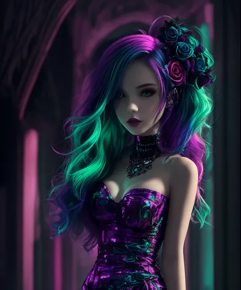 Rose red,gothic girl,purple color,red color,star shine,green style cyberpunk,blue hair,neon shine dress --auto --s2