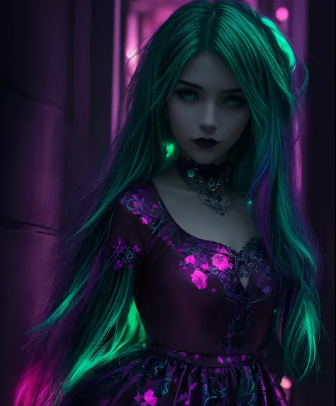 Rose red,gothic girl,purple color,red color,star shine,green style cyberpunk,blue hair,neon shine dress --auto --s2