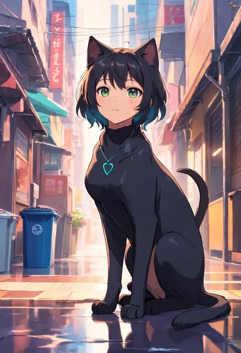 Black kitten, Posing as a cat,  rainy day，Wet hair，Wet hair，cute little，meticulous expression，City street background，cranny，Trash can next to it，Detailed background depiction，Ultra HD and Ultra High Definition