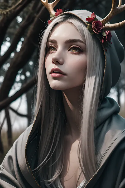 Girl with gray hair, Portrait Of Girl, Druid, with large deer antlers on the head, (A complete overview of the horns), long straight hair, ((slim physique)), She is dressed in a robe with a hood on her head, wrapped in branches with flowers, 8k high qualit...