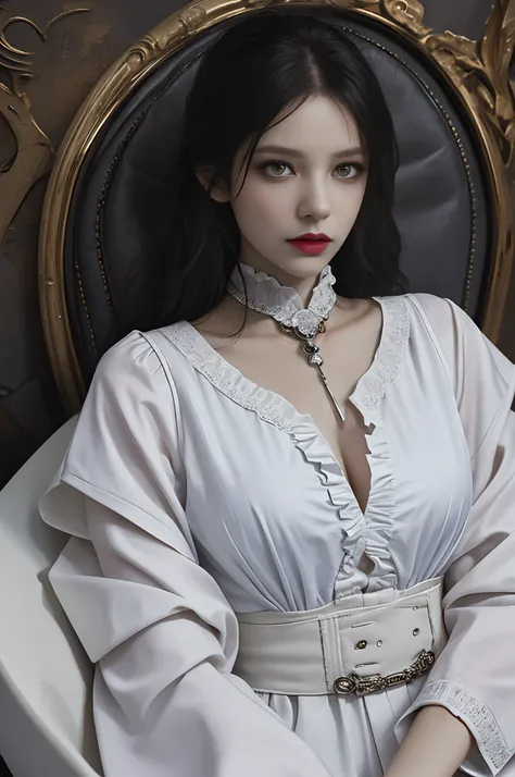 Dracula pays tribute to realistic, half-body professional photos, dark fantasy, highly detailed scary vampire woman Dracula, long black hair, sex look, big breast, wearing a white bloody coat and a high-necked ruffle shirt, sitting on a bone chair with sha...