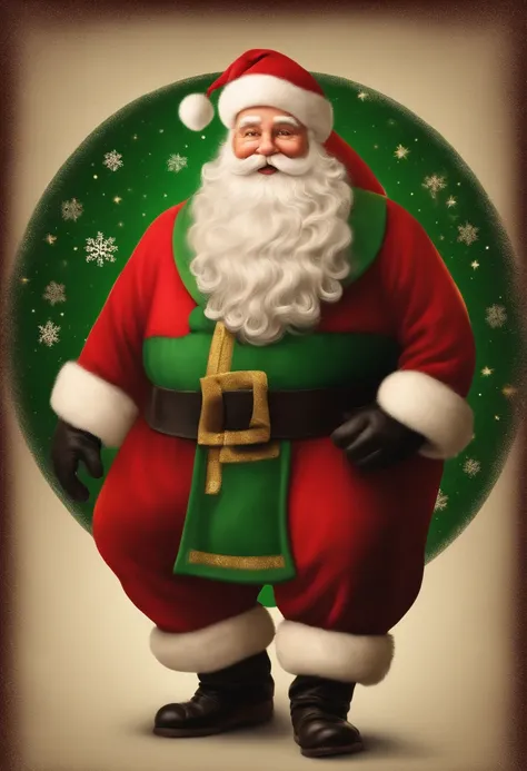 Create an image of a Santa Claus standing, full body, smiling, holding his belly, looking to the left side of the image, the background of the image must be completely green.