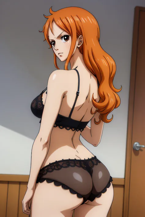 (Estilo de arte anime), Nami de One Piece, brown eyes, Pelo largo naranja, Wearing black lingerie, Ruboroso, orinar en la cama, (Estilo de arte anime), (NSFW), Vista posterior