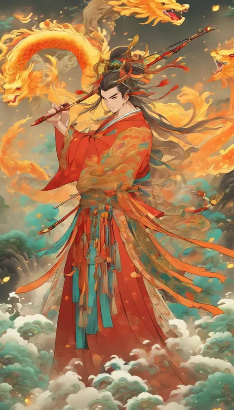 ((Chinese Man))) best quality, ultra-high resolution, 4K detailed CG, master piece,Houyi,Man, Chinese God,Hanfu costume, Chinese mythology, ((Bow and Arrow)),Chinese painting style,Shui Mo Hua,Thangka style, aesthetic, ukiyo painting, canvas-centered