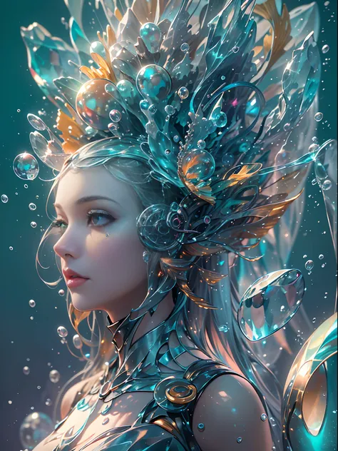 ((Need)), ((tmasterpiece)), (A detailed)),Futuristic translucent ethereal queen of the sea，Futuristic city and futuristic wonderland background of deep sea，Mechanical joints，Colorful rainbow，16k,UHD resolution，Simple composition，anatomy correct，Surreal dre...