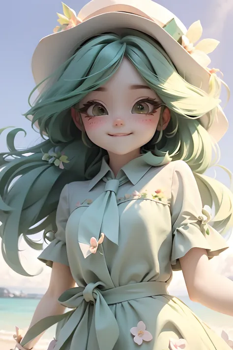 lolli girl in princess long dark green emerald dress with flower style, dark green hair, cute smile , cap, cute ribbons, necktie, beach summer