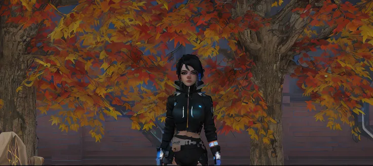 there is a woman standing in front of a tree with a gun, cyberpunk in foliage, cyber punk setting, cyberpunk style outfit, cyberpunk outfit, 🍁 cute, black fire color reflected armor, 🍂 cute, chrome outfit, jet black haired cyberpunk girl, cyber universe st...