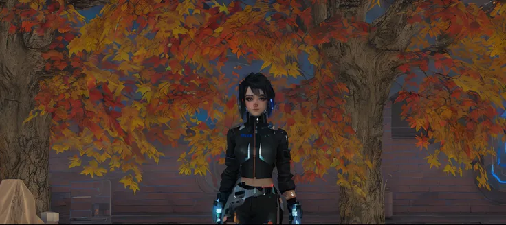 there is a woman standing in front of a tree with a gun, cyberpunk in foliage, cyber punk setting, cyberpunk style outfit, cyberpunk outfit, 🍁 cute, black fire color reflected armor, 🍂 cute, chrome outfit, jet black haired cyberpunk girl, cyber universe st...