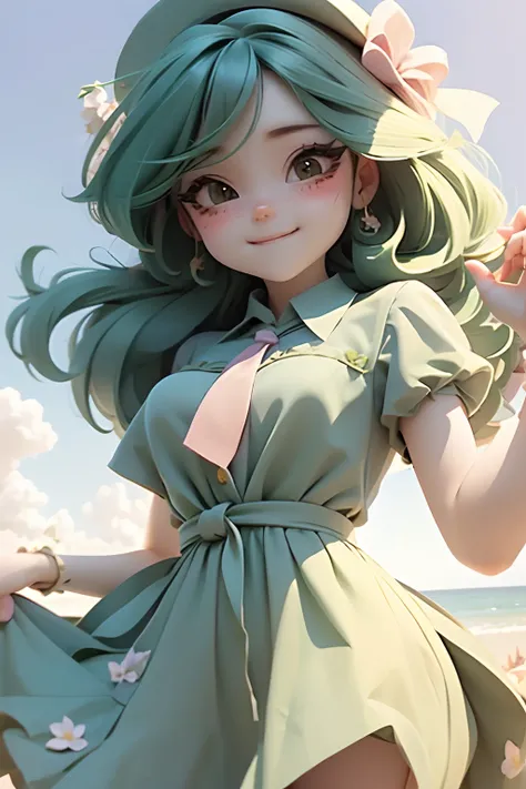 lolli girl in princess long dark green emerald dress with flower style, dark green hair, cute smile , cap, cute ribbons, necktie, beach summer