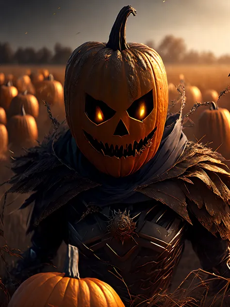 Close-up ( Scarecrow pumpkin head from Marvel in Goth style: 1.3) emerging from the dry Cornfield, extremely detailed, smoke, sparks, metal shavings, flying debris, volumetric light