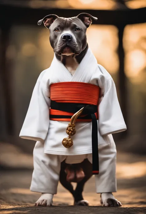 A standing pit bull dog dressed in white kimono black judo style judo belt