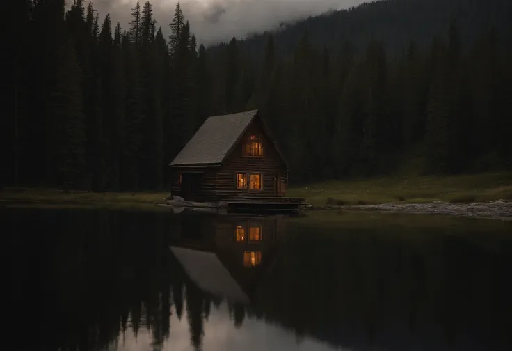 arafed cabin in the middle of a lake with mountains in the background, inspired by Ansel Adams, moody setting, moody morning light, moody scene, wood cabin in distance, old cabin, gloomy mood. greg rutkowski, near a small lake, colorless and silent, dark a...