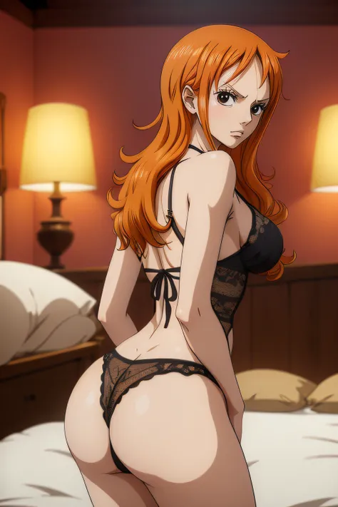 (Estilo de arte anime), Nami de One Piece, brown eyes, Pelo largo naranja, Wearing black lingerie, Ruboroso, orinar en la cama, (Estilo de arte anime), (NSFW), Vista posterior