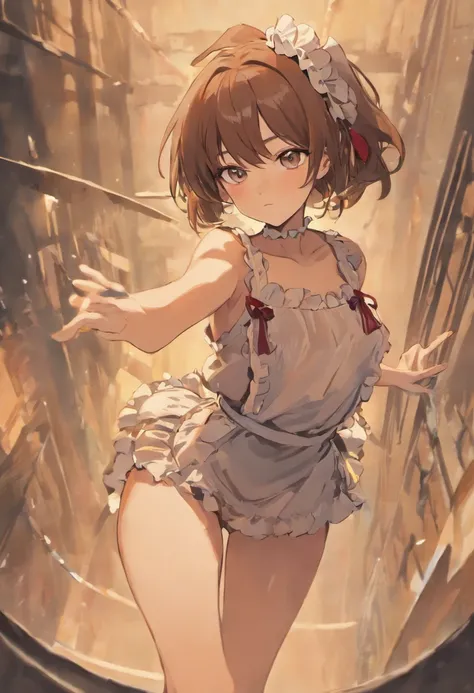 Androgynous boy, brown hair, maid bikini