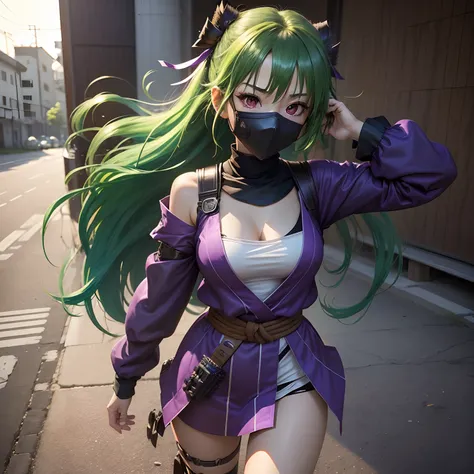 1girl solo、masutepiece), (Best Quality), (ultra-detailliert),(disheveled hair),(Illustration）、GENSINIMPACT_Kuki　shinobi、a purple eye、green colored hair、short、Wear a black mask、ninjartist、Official Art、